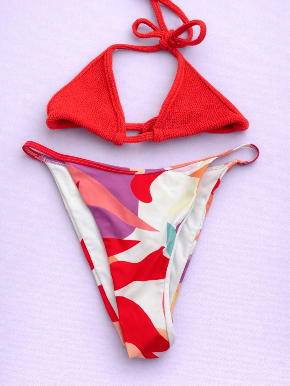 Red Knit Triangle Bikini Top with Colorful Abstract Bikini Bottom